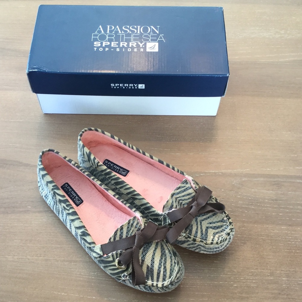 EUC Sperry Skipper Tan Zebra Sequin